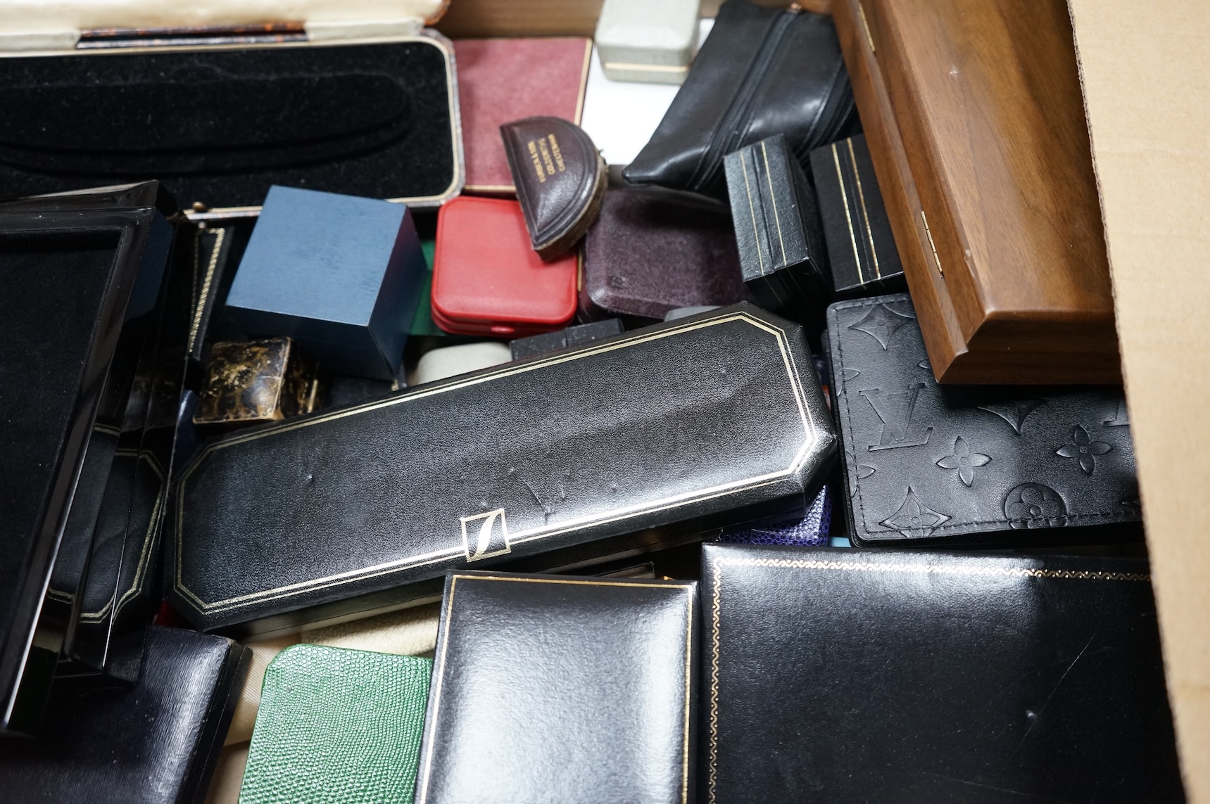 A large collection of assorted jewellery and other boxes, including J.W. Benson and Tiffany & Co.